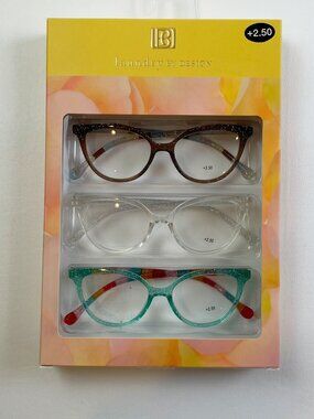 Laundry by Design 3 Pack Reading Glasses +2.50 Brown Clear Aqua Glitter New